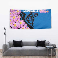 Mongolia Tapestry with Floral Wolf Pink Blossom Blue Sky Spirit