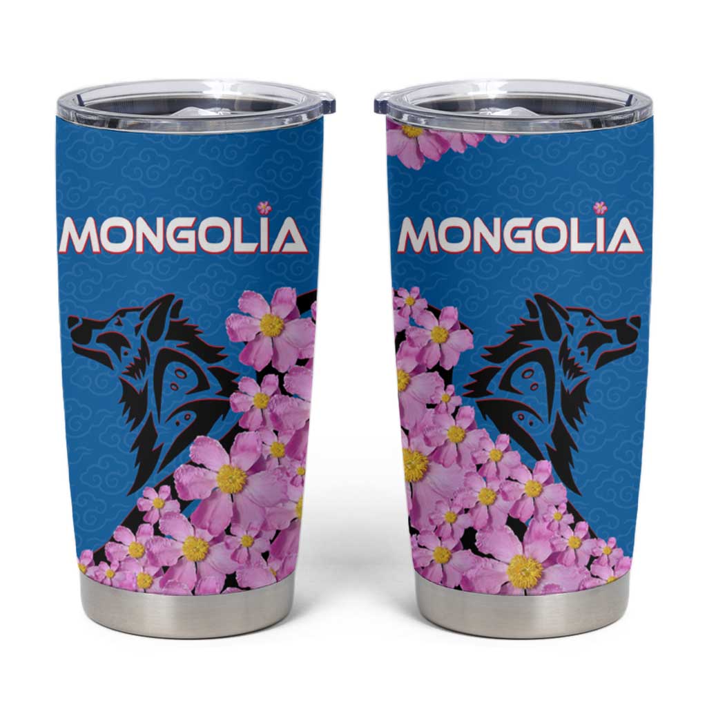Mongolia Tumbler Cup with Floral Wolf Pink Blossom Blue Sky Spirit