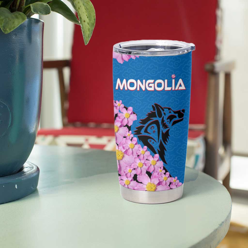 Mongolia Tumbler Cup with Floral Wolf Pink Blossom Blue Sky Spirit