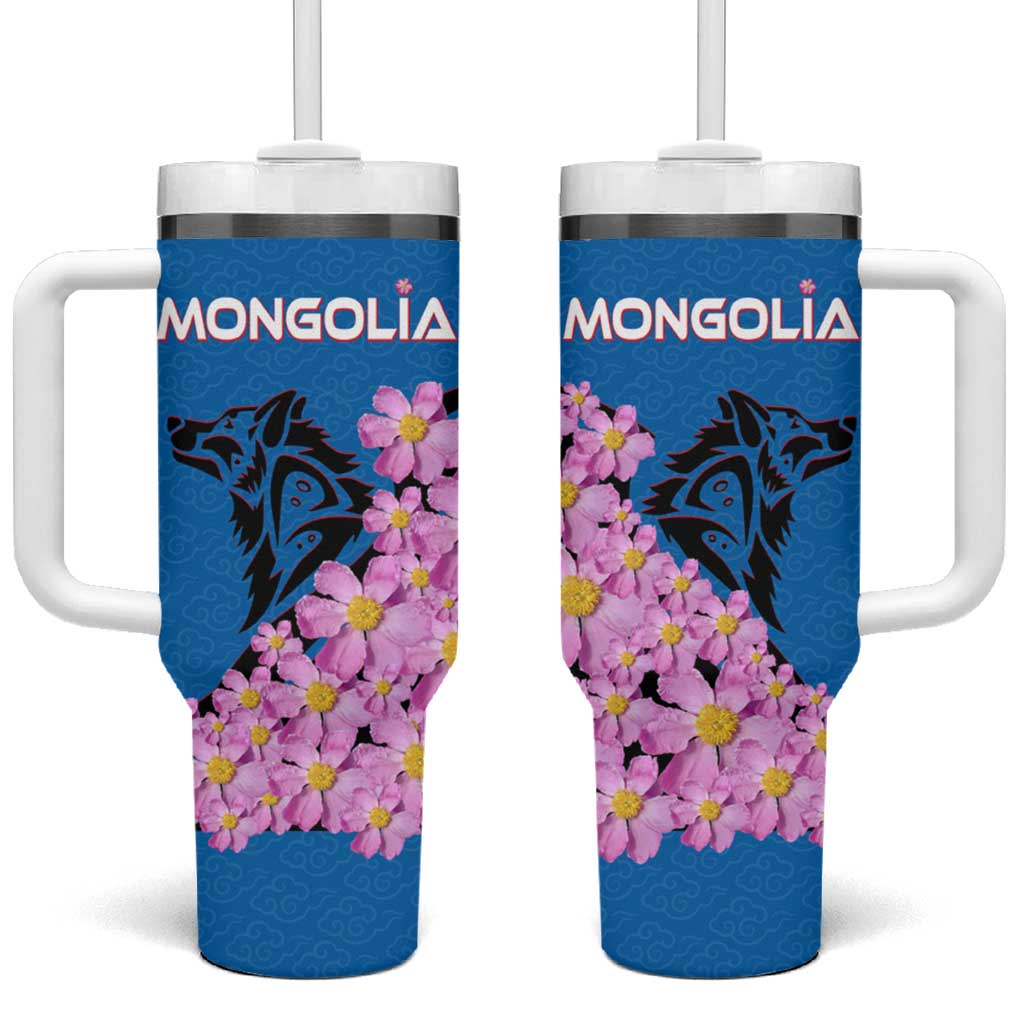 Mongolia Tumbler With Handle with Floral Wolf Pink Blossom Blue Sky Spirit