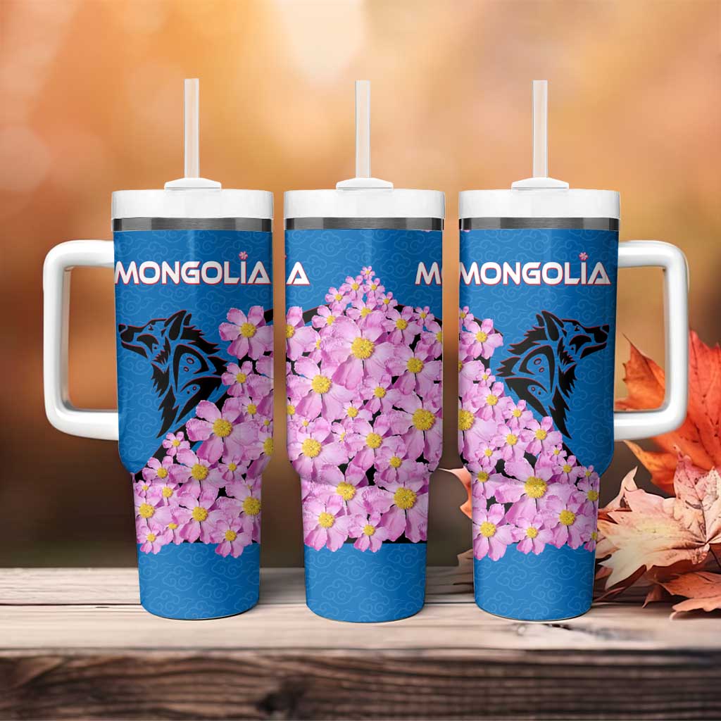 Mongolia Tumbler With Handle with Floral Wolf Pink Blossom Blue Sky Spirit