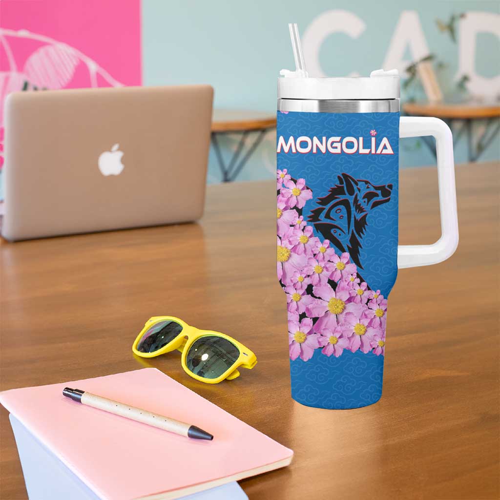 Mongolia Tumbler With Handle with Floral Wolf Pink Blossom Blue Sky Spirit