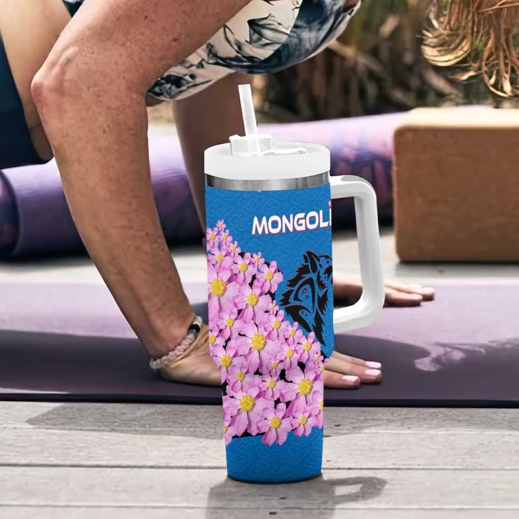 Mongolia Tumbler With Handle with Floral Wolf Pink Blossom Blue Sky Spirit