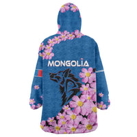 Mongolia Wearable Blanket Hoodie with Floral Wolf Pink Blossom Blue Sky Spirit