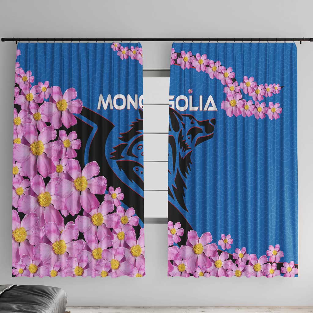Mongolia Window Curtain with Floral Wolf Pink Blossom Blue Sky Spirit