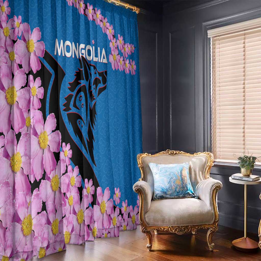 Mongolia Window Curtain with Floral Wolf Pink Blossom Blue Sky Spirit