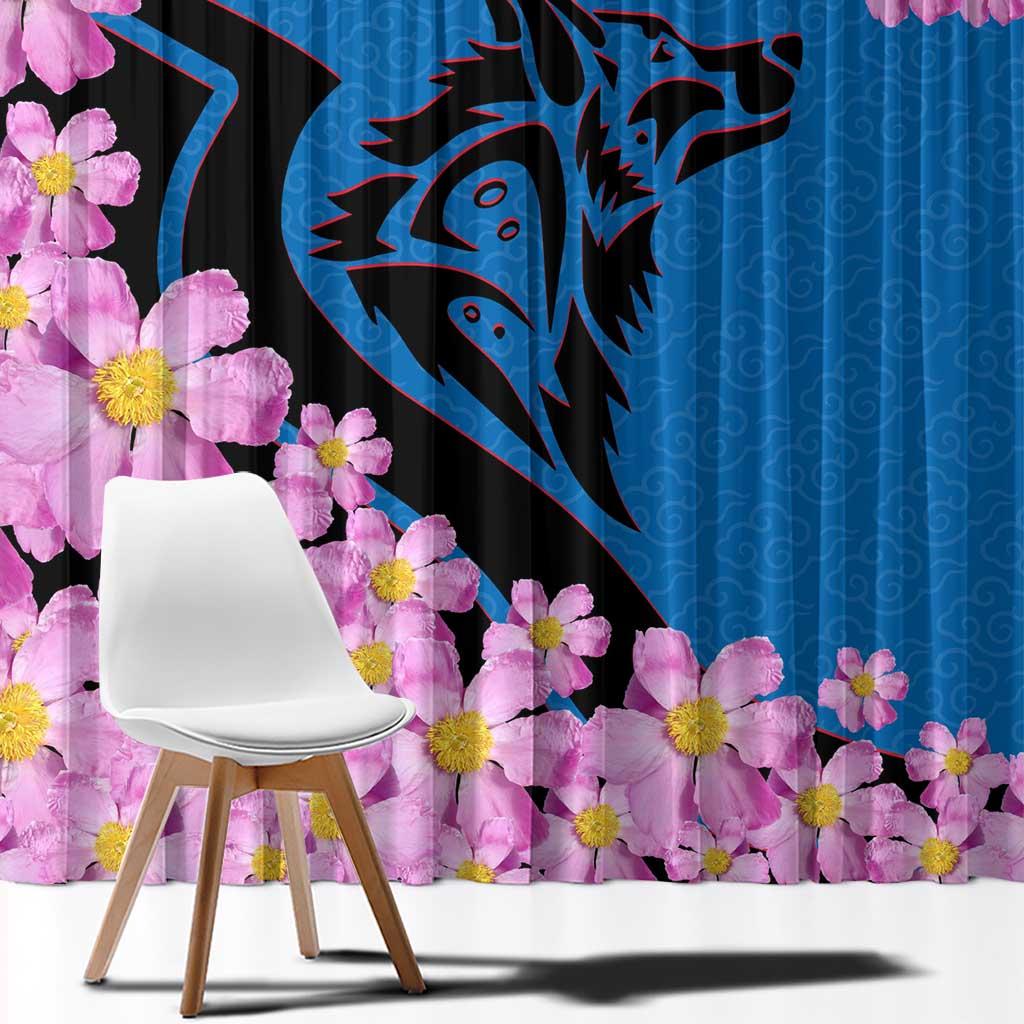 Mongolia Window Curtain with Floral Wolf Pink Blossom Blue Sky Spirit