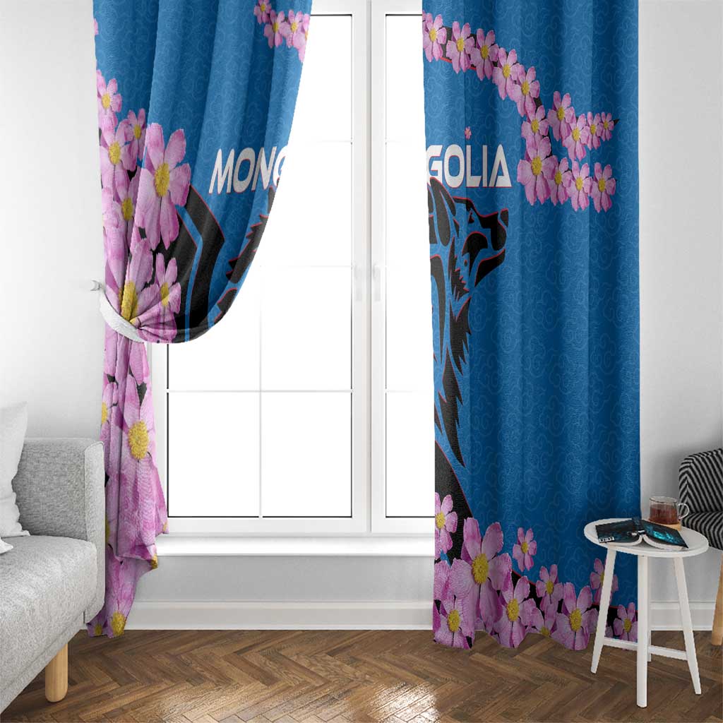 Mongolia Window Curtain with Floral Wolf Pink Blossom Blue Sky Spirit