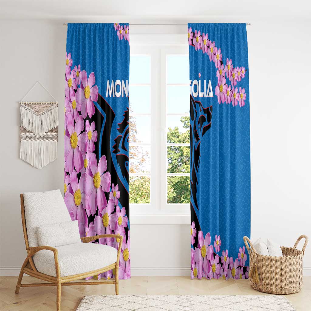 Mongolia Window Curtain with Floral Wolf Pink Blossom Blue Sky Spirit
