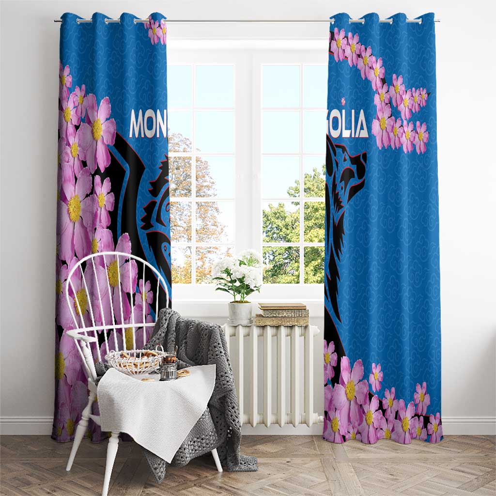 Mongolia Window Curtain with Floral Wolf Pink Blossom Blue Sky Spirit