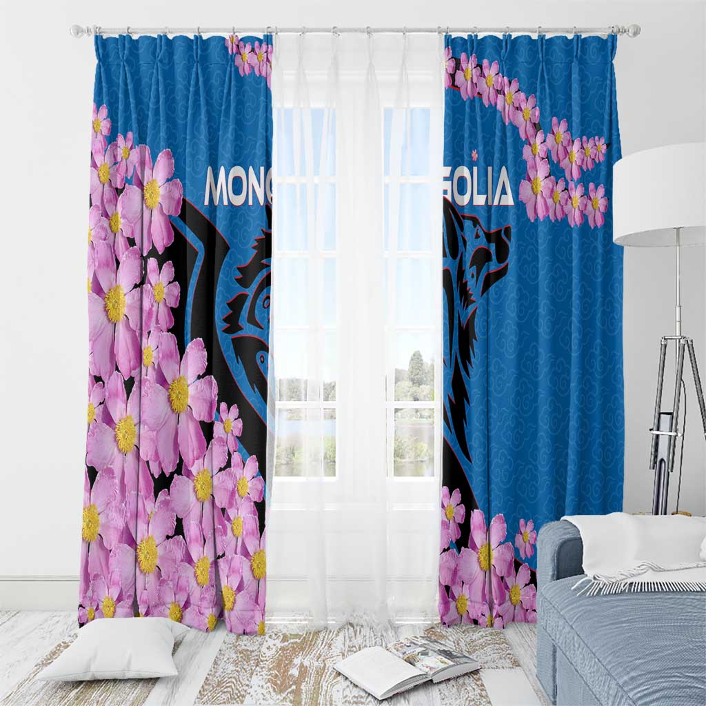 Mongolia Window Curtain with Floral Wolf Pink Blossom Blue Sky Spirit