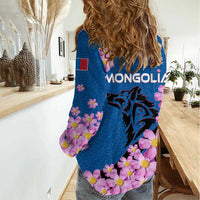 Mongolia Women Casual Shirt with Floral Wolf Pink Blossom Blue Sky Spirit
