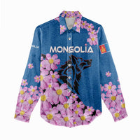 Mongolia Women Casual Shirt with Floral Wolf Pink Blossom Blue Sky Spirit