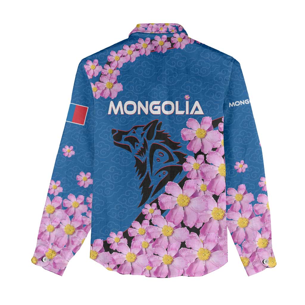 Mongolia Women Casual Shirt with Floral Wolf Pink Blossom Blue Sky Spirit