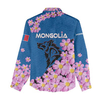 Mongolia Women Casual Shirt with Floral Wolf Pink Blossom Blue Sky Spirit