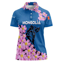 Mongolia Women Polo Shirt with Floral Wolf Pink Blossom Blue Sky Spirit