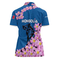 Mongolia Women Polo Shirt with Floral Wolf Pink Blossom Blue Sky Spirit