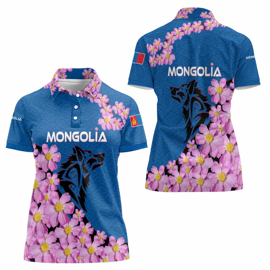 Mongolia Women Polo Shirt with Floral Wolf Pink Blossom Blue Sky Spirit