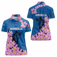 Mongolia Women Polo Shirt with Floral Wolf Pink Blossom Blue Sky Spirit