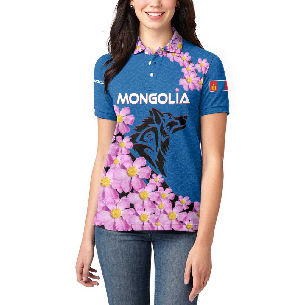 Mongolia Women Polo Shirt with Floral Wolf Pink Blossom Blue Sky Spirit