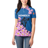 Mongolia Women Polo Shirt with Floral Wolf Pink Blossom Blue Sky Spirit