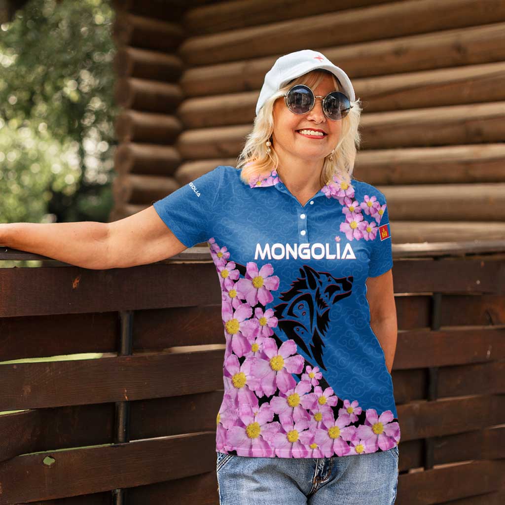 Mongolia Women Polo Shirt with Floral Wolf Pink Blossom Blue Sky Spirit