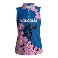 Mongolia Women Sleeveless Polo Shirt with Floral Wolf Pink Blossom Blue Sky Spirit