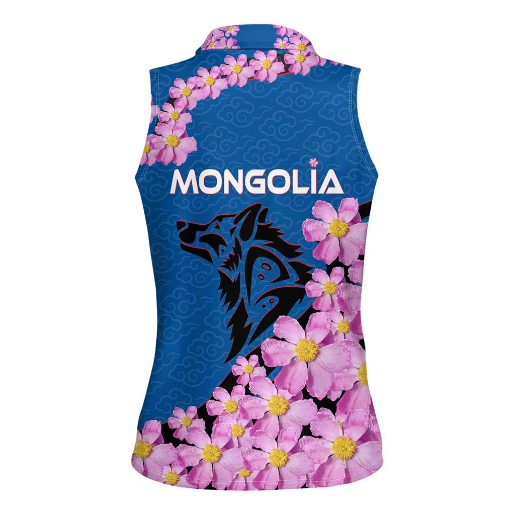 Mongolia Women Sleeveless Polo Shirt with Floral Wolf Pink Blossom Blue Sky Spirit