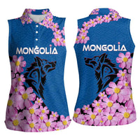 Mongolia Women Sleeveless Polo Shirt with Floral Wolf Pink Blossom Blue Sky Spirit