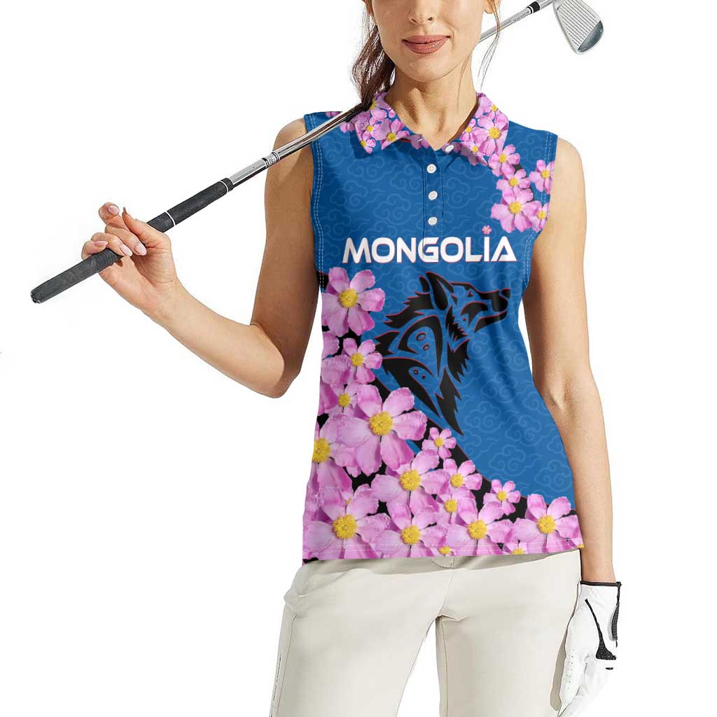 Mongolia Women Sleeveless Polo Shirt with Floral Wolf Pink Blossom Blue Sky Spirit