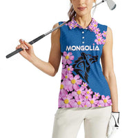 Mongolia Women Sleeveless Polo Shirt with Floral Wolf Pink Blossom Blue Sky Spirit