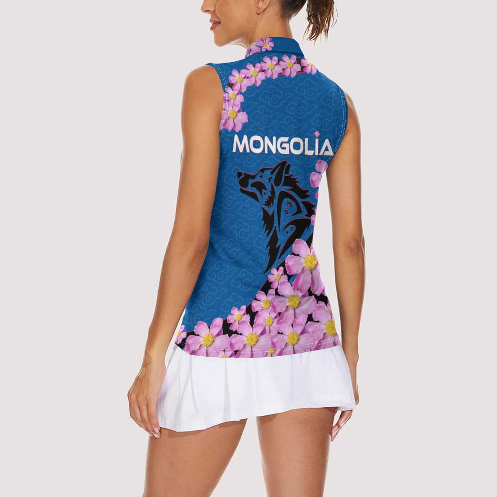Mongolia Women Sleeveless Polo Shirt with Floral Wolf Pink Blossom Blue Sky Spirit