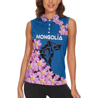 Mongolia Women Sleeveless Polo Shirt with Floral Wolf Pink Blossom Blue Sky Spirit