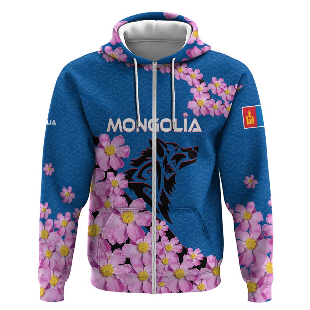Mongolia Zip Hoodie with Floral Wolf Pink Blossom Blue Sky Spirit