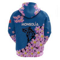Mongolia Zip Hoodie with Floral Wolf Pink Blossom Blue Sky Spirit