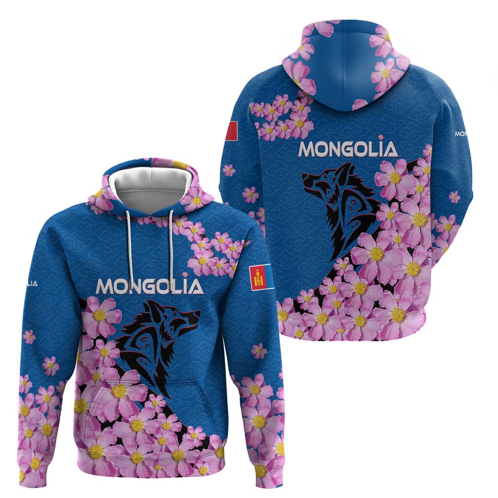 Mongolia Zip Hoodie with Floral Wolf Pink Blossom Blue Sky Spirit