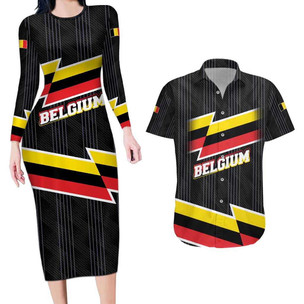 Belgium Couples Matching Long Sleeve Bodycon Dress and Hawaiian Shirt with Black Red Yellow Lightning Flag Stripe Spirit