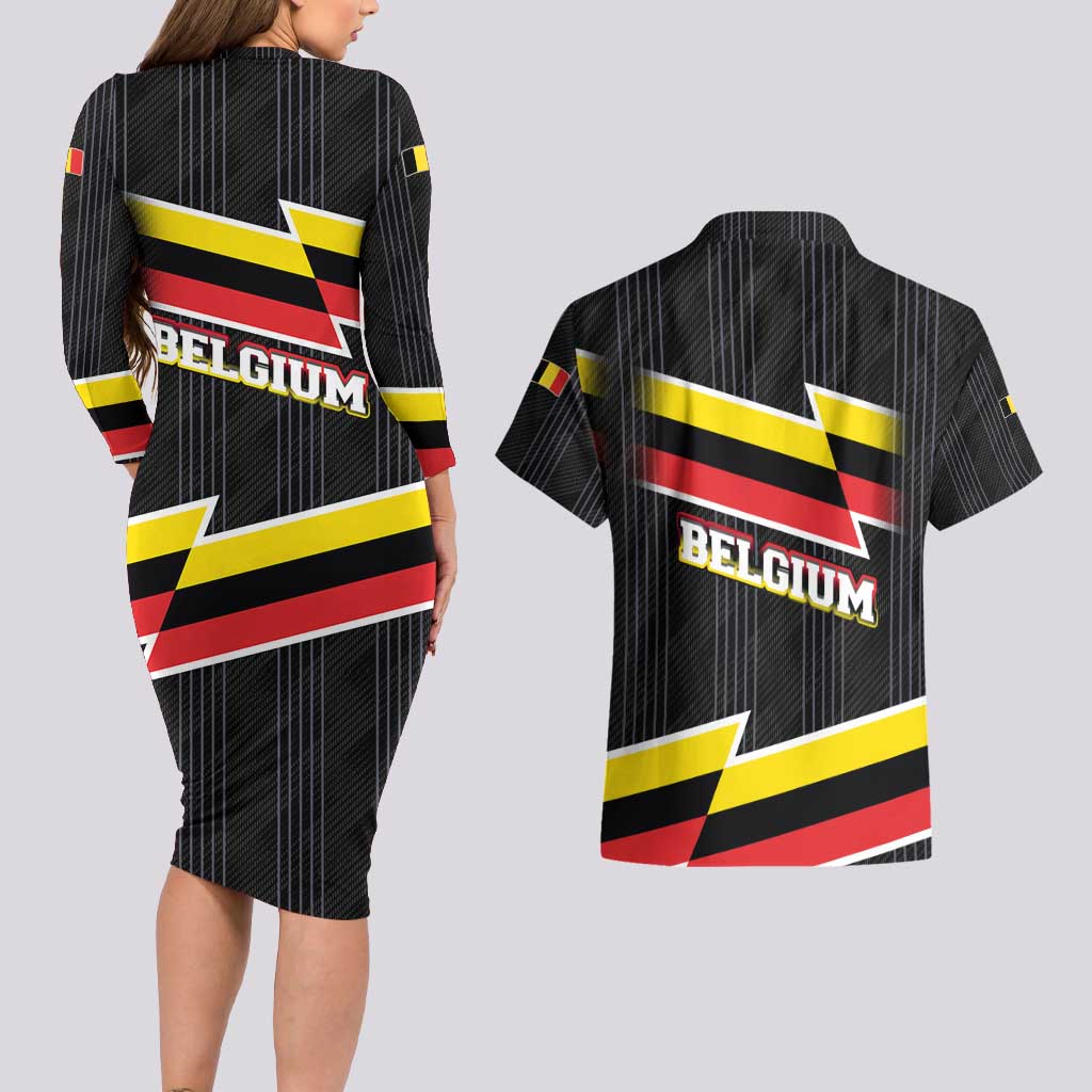 Belgium Couples Matching Long Sleeve Bodycon Dress and Hawaiian Shirt with Black Red Yellow Lightning Flag Stripe Spirit