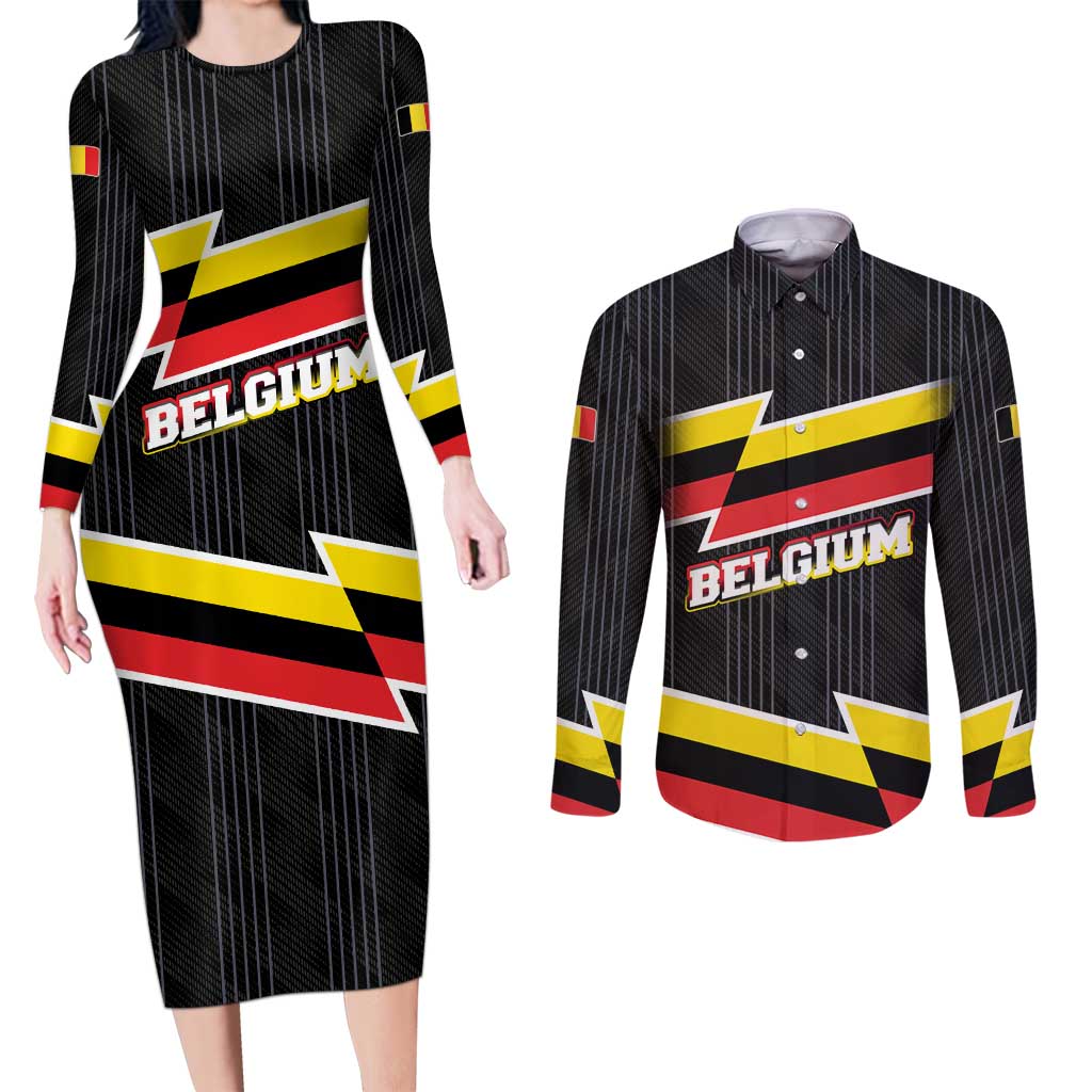 Belgium Couples Matching Long Sleeve Bodycon Dress and Long Sleeve Button Shirt with Black Red Yellow Lightning Flag Stripe Spirit