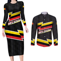 Belgium Couples Matching Long Sleeve Bodycon Dress and Long Sleeve Button Shirt with Black Red Yellow Lightning Flag Stripe Spirit
