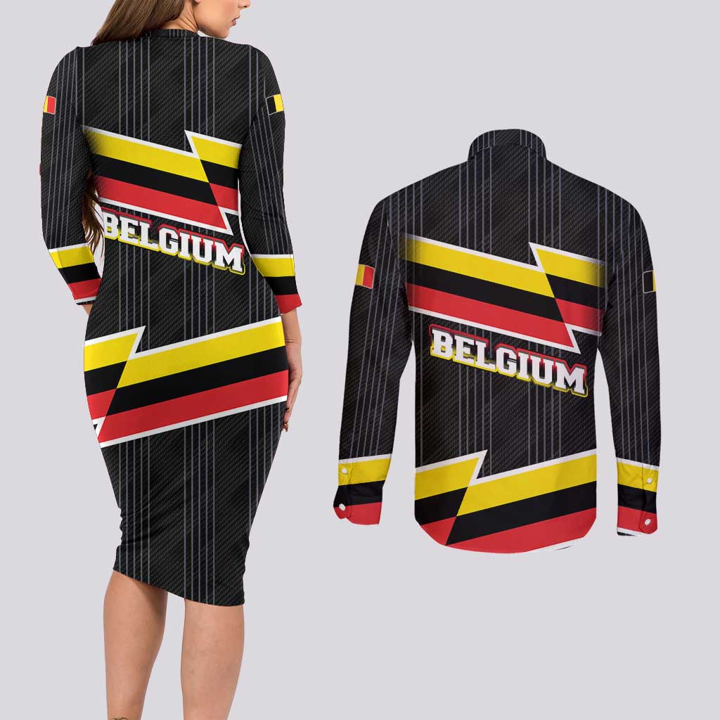 Belgium Couples Matching Long Sleeve Bodycon Dress and Long Sleeve Button Shirt with Black Red Yellow Lightning Flag Stripe Spirit