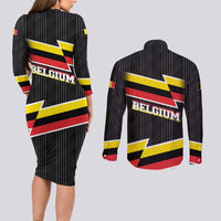 Belgium Couples Matching Long Sleeve Bodycon Dress and Long Sleeve Button Shirt with Black Red Yellow Lightning Flag Stripe Spirit