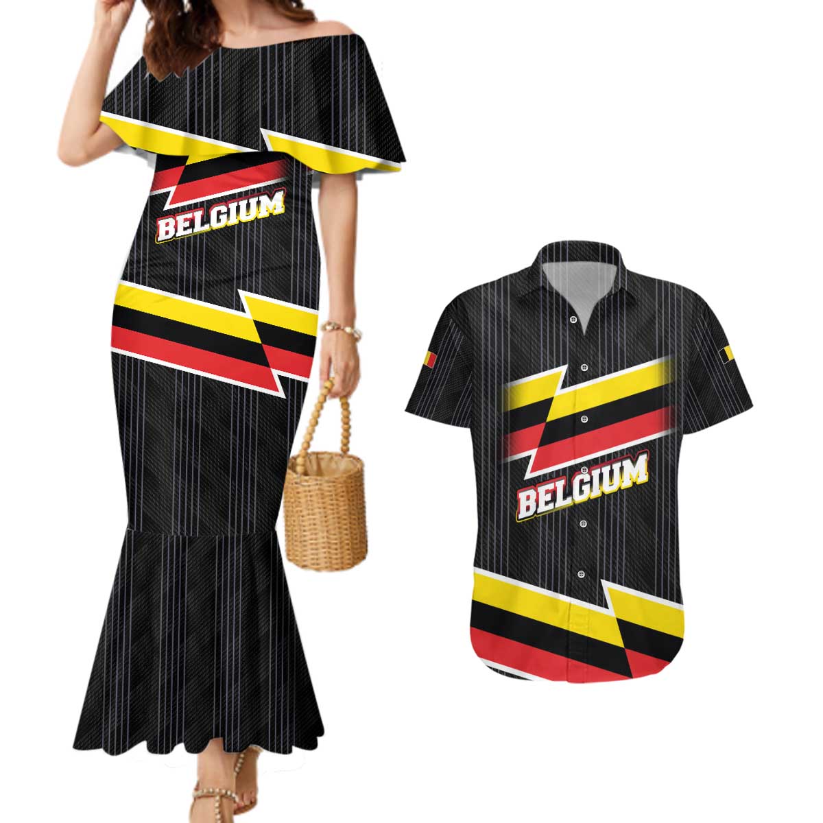 Belgium Couples Matching Mermaid Dress and Hawaiian Shirt with Black Red Yellow Lightning Flag Stripe Spirit