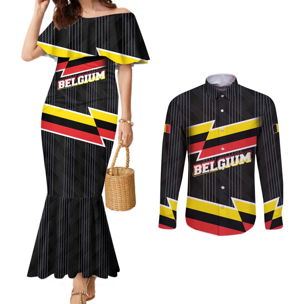 Belgium Couples Matching Mermaid Dress and Long Sleeve Button Shirt with Black Red Yellow Lightning Flag Stripe Spirit