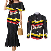 Belgium Couples Matching Mermaid Dress and Long Sleeve Button Shirt with Black Red Yellow Lightning Flag Stripe Spirit