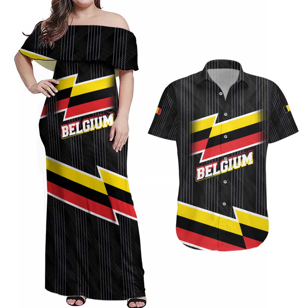 Belgium Couples Matching Off Shoulder Maxi Dress and Hawaiian Shirt with Black Red Yellow Lightning Flag Stripe Spirit