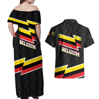 Belgium Couples Matching Off Shoulder Maxi Dress and Hawaiian Shirt with Black Red Yellow Lightning Flag Stripe Spirit