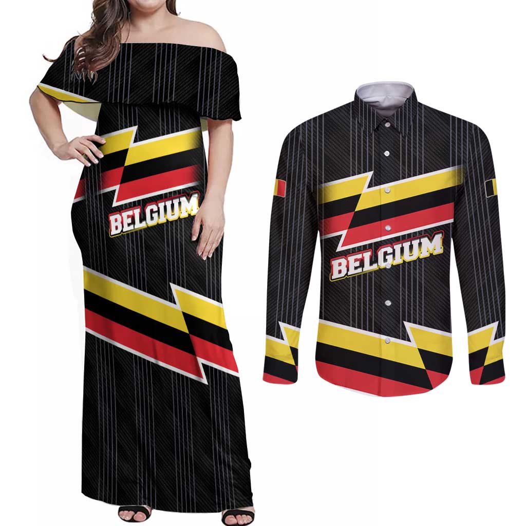 Belgium Couples Matching Off Shoulder Maxi Dress and Long Sleeve Button Shirt with Black Red Yellow Lightning Flag Stripe Spirit