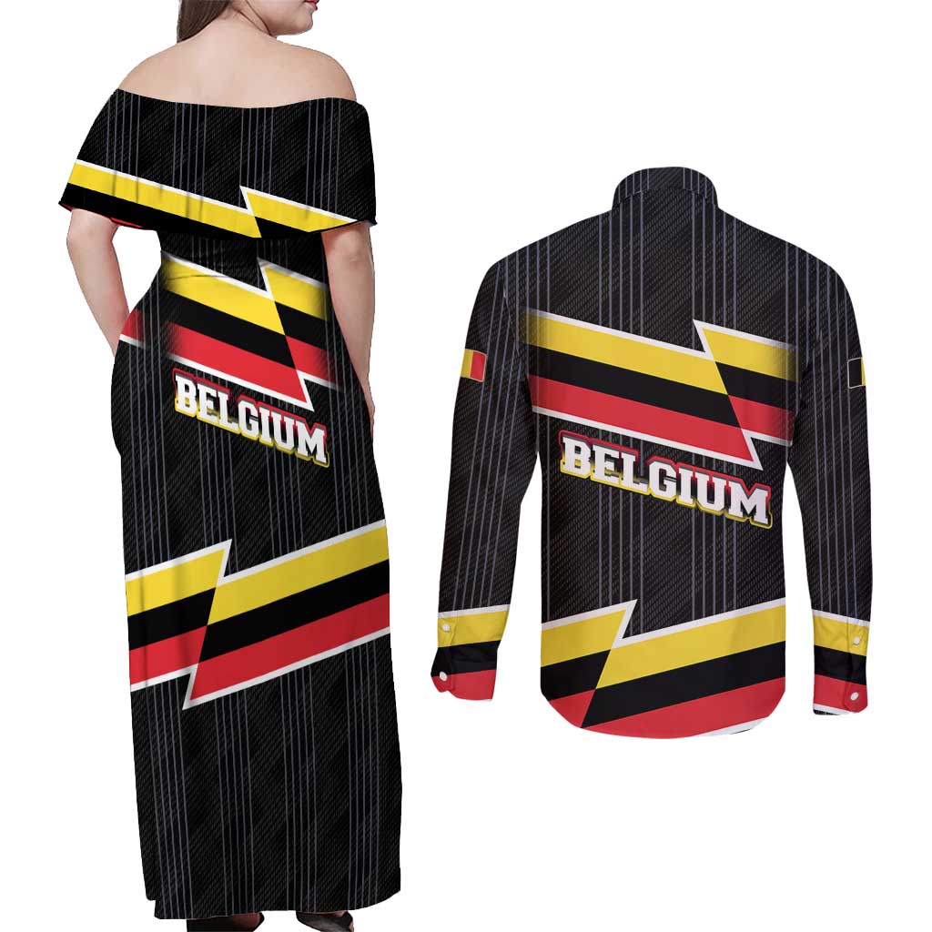 Belgium Couples Matching Off Shoulder Maxi Dress and Long Sleeve Button Shirt with Black Red Yellow Lightning Flag Stripe Spirit