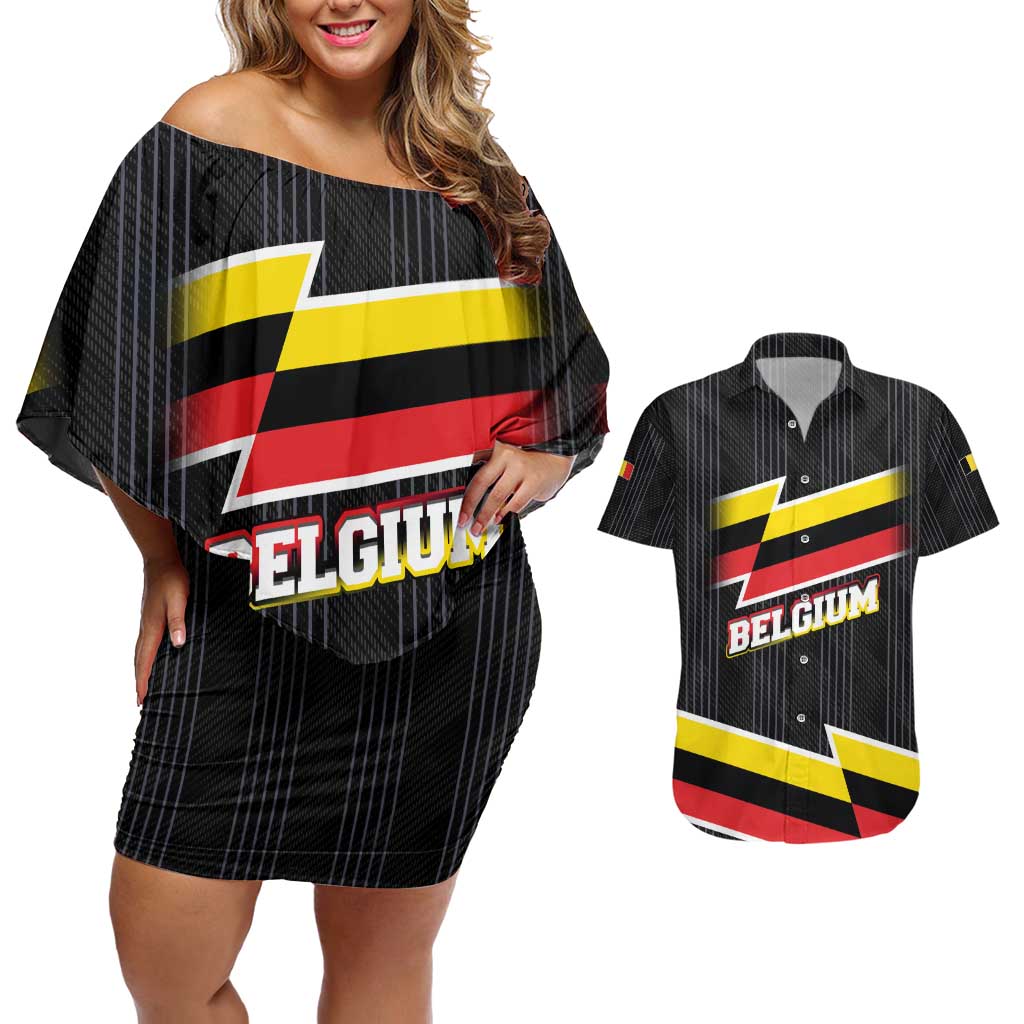 Belgium Couples Matching Off Shoulder Short Dress and Hawaiian Shirt with Black Red Yellow Lightning Flag Stripe Spirit